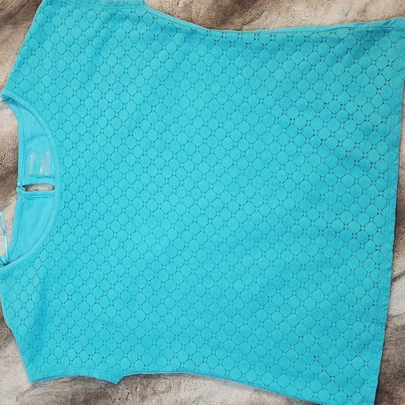 Sz XL St. John's Bay Cap Sleeve Aqua Blue "Mermaid Scale" Knit Overlay T-Shirt - Picture 5 of 9